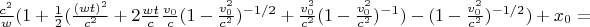 $\frac{c^2}{w}( 1 + \frac{1}{2}(\frac{(wt)^2}{c^2} + 2 \frac{wt}{c}\frac{v_0}{c}(1-\frac{v_0^2}{c^2})^{-1/2} + \frac{v_0^2}{c^2}(1-\frac{v_0^2}{c^2})^{-1})  - (1-\frac{v_0^2}{c^2})^{-1/2})  + x_0 = $