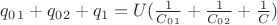 $q_0_1+q_0_2+q_1=U(\frac{1}{C_0_1}+\frac{1}{C_0_2}+\frac{1}{C})$