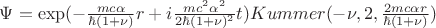 $\Psi = \exp(-\frac{m c \alpha}{\hbar (1+\nu)}r + i \frac{m c^2 \alpha^2}{2 \hbar (1+\nu)^2}t) Kummer(-\nu,2,\frac{2 m c \alpha r}{\hbar (1+\nu)})$