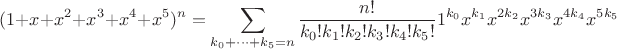 $$(1+x+x^2+x^3+x^4+x^5)^n=\sum \limits_{k_0+\dots+k_5=n}\dfrac{n!}{k_0!k_1!k_2!k_3!k_4!k_5!}1^{k_0}x^{k_1}x^{2k_2}x^{3k_3}x^{4k_4}x^{5k_5}$$