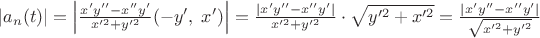 $|a_n(t)|=\left|\frac{x'y''-x''y'}{x'^2+y'^2}(-y',\; x')\right|=\frac{|x'y''-x''y'|}{x'^2+y'^2}\cdot \sqrt{y'^2+x'^2}=\frac{|x'y''-x''y'|}{\sqrt{x'^2+y'^2}}$