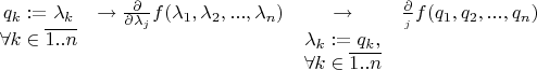 $\begin{matrix} q_k := \lambda_k & \to\frac{\partial}{\partial\lambda_j} f(\lambda_1, \lambda_2, . . . , \lambda_n) & \to & \frac{\partial}{\partialq_j} f(q_1, q_2, . . . , q_n) \\ \forall k \in \overline{1 . .n} & & \lambda_k := q_k , \\ & & \forall k \in \overline{1 . .n} \end{matrix}$