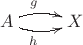 $\xymatrix{A\ar@/^5pt/@{->}[r]^(0.4){g}\ar@/_5pt/@{->}[r]_(0.4){h}&X}$
