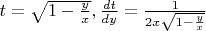 $t=\sqrt{1-\frac{y}{x}}, \frac{dt}{dy}=\frac{1}{2x\sqrt{1-\frac{y}{x}}}$