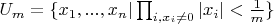 $U_m=\{x_1,...,x_n| \prod_{i,x_i\not =0}|x_i|<\frac 1m\}$