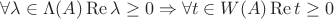 $\forall \lambda \in \Lambda(A) \operatorname{Re} \lambda \geq 0 \Rightarrow  \forall t \in W(A) \operatorname{Re} t \geq 0$