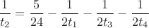 $\dfrac{1}{t_2}=\dfrac{5}{24}-\dfrac{1}{2t_1}-\dfrac{1}{2t_3}-\dfrac{1}{2t_4}$