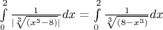 $ \int\limits_0^{2} \frac 1 {|\sqrt[3] {(x^3-8)}|} dx=$ \int\limits_0^{2} \frac 1 {\sqrt[3] {(8-x^3)}} dx $ $