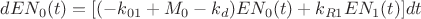 $dE{N_0}(t) = [( - {k_{01}} + {M_0} - {k_d})E{N_0}(t) + {k_{R1}}E{N_1}(t)]dt$