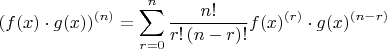 \[
(f(x) \cdot g(x))^{(n)}  = \sum\limits_{r = 0}^n {\frac{{n!}}{{r!\left( {n - r} \right)!}}} f(x)^{(r)}  \cdot g(x)^{(n - r)} 
\]