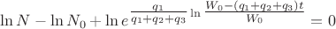 \ln N - \ln {N_0} + \ln {e^{\tfrac{{{q_1}}}{{{q_1} + {q_2} + {q_3}}}\ln \tfrac{{{W_0} - ({q_1} + {q_2} + {q_3})t}}{{{W_0}}}}} = 0\
