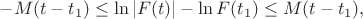 $$-M(t-t_1) \leq \ln |F(t)|-\ln F(t_1) \leq M(t-t_1),$$