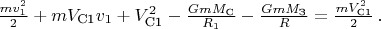 $\frac{mv_1^2}{2}+mV_{\text{С1}} v_1+V_{\text{С1}}^2 - \frac{GmM_{\text{С}}}{R_1} - \frac{GmM_{\text{З}}}{R} = \frac{mV_{\text{С1}}^2}{2} \, .$