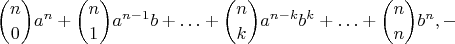 $$\binom {n}{0}a^n + \binom {n}{1}a^{n - 1}b + \ldots + \binom {n}{k}a^{n - k}b^k + \ldots + \binom {n}{n}b^n, - $$