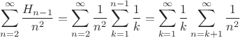 $$\sum\limits_{n=2}^{\infty}\frac{H_{n-1}}{n^2}=\sum\limits_{n=2}^{\infty}\frac{1}{n^2}\sum\limits_{k=1}^{n-1}\frac{1}{k}=\sum\limits_{k=1}^{\infty}\frac{1}{k}\sum\limits_{n=k+1}^{\infty}\frac{1}{n^2}$$