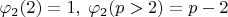 $\varphi_2(2)=1,\;\varphi_2(p>2)=p-2$