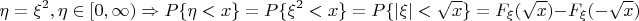 $$ \eta = \xi^2, \eta\in [0, \infty) \Rightarrow P \lbrace \eta < x \rbrace = P\lbrace \xi^2 < x \rbrace = P\lbrace|\xi| < \sqrt{x} \rbrace = F_{\xi}(\sqrt{x}) - F_{\xi}(-\sqrt{x})$$