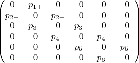 $$\begin{pmatrix}
 0&  p_{1+}&  0&  0&  0& 0\\ 
 p_{2-}&  0&  p_{2+}&  0&  0& 0\\ 
 0&  p_{3-}&  0&  p_{3+}&  0& 0\\ 
 0&  0&  p_{4-}&  0&  p_{4+}& 0\\ 
 0&  0&  0&  p_{5-}&  0& p_{5+}\\ 
 0&  0&  0&  0&  p_{6-}& 0\\ 
\end{pmatrix}$$