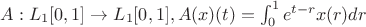 $A : L_1[0,1] \to L_1[0,1],  A(x)(t) = \int_0^1 e^{t-r} x(r) dr $