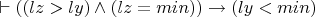 $\vdash ((lz>ly) \wedge(lz=min)) \to (ly<min)$