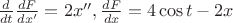 $\frac{d}{dt}\frac{dF}{dx'}=2x'',\frac{dF}{dx}=4\cos t-2x$ $\frac{d}{dt}\frac{dF}{dx'}=2x'',\frac{dF}{dx}=4\cos t-2x$
