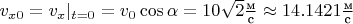 $v_{x0}=v_x|_{t=0}=v_0\cos\alpha=10\sqrt{2}\frac{\text{м}}{\text{с}}\approx 14.1421\frac{\text{м}}{\text{с}}$