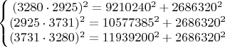 $$\left\{\begin{matrix}
(3280 \cdot 2925)^2=9210240^2+2686320^2\\ 
(2925 \cdot 3731)^2=10577385^2+2686320^2\\ 
(3731 \cdot 3280)^2=11939200^2+2686320^2
\end{matrix}\right.$$