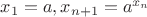$x_1=a, x_{n+1}=a^{x_n}$