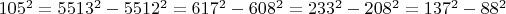 $105^2=5513^2-5512^2=617^2-608^2=233^2-208^2=137^2-88^2$