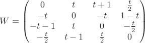 $$
W=\begin{pmatrix}
0 & t & t+1 & \frac{t}{2}\\
-t & 0 & -t & 1-t\\
-t-1 & t & 0 & -\frac{t}{2}\\
-\frac{t}{2} & t-1 & \frac{t}{2} & 0
\end{pmatrix}
$$