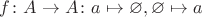 $f\colon A\to A\colon a\mapsto \varnothing,  \varnothing \mapsto a$