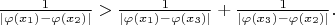 $\frac 1{|\varphi(x_1)-\varphi(x_2)|} > \frac 1{|\varphi(x_1)-\varphi(x_3)|} + \frac 1{|\varphi(x_3)-\varphi(x_2)|}.$
