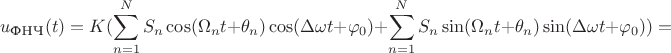 $$u_{\text{ФНЧ}}(t)=K(\sum\limits_{n=1}^{N}S_n\cos(\Omega_n t+\theta_n)\cos(\Delta\omega t+\varphi_0)+\sum\limits_{n=1}^{N}S_n\sin(\Omega_n t+\theta_n)\sin(\Delta\omega t+\varphi_0))=$$