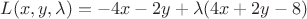 $L(x, y, \lambda)=-4x-2y+\lambda (4x+2y-8)$