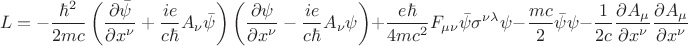 $$L = -\frac{\hbar^2}{2 m c}
\left( \frac{\partial \bar\psi}{\partial x^{\nu}} + \frac{i e}{c \hbar} A_{\nu} \bar\psi\right)
\left( \frac{\partial \psi}{\partial x^{\nu}} - \frac{i e}{c \hbar} A_{\nu} \psi\right)
+\frac{e \hbar}{4 m c^2} F_{\mu \nu} \bar\psi \sigma^{\nu \lambda}\psi
-\frac{m c}{2} \bar\psi \psi
-\frac{1}{2 c} \frac{\partial A_{\mu}}{\partial x^{\nu}} \frac{\partial A_{\mu}}{\partial x^{\nu}}
$$