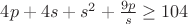 $4p+4s+s^2+\frac{9p}{s}\ge 104$