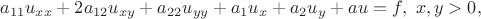 $$
a_{11}u_{xx}+2a_{12}u_{xy}+a_{22}u_{yy}+a_1u_x+a_2u_y+au=f,\ x,y>0,
$$