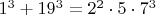 $1^3+19^3=2^2 \cdot 5 \cdot 7^3$