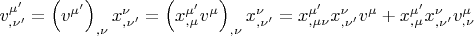 $v_{,\nu '}^{\mu '}  = \left( {v^{\mu '} } \right)_{,\nu } x_{,\nu '}^\nu   = \left( {x_{,\mu }^{\mu '} v^\mu  } \right)_{,\nu } x_{,\nu '}^\nu   = x_{,\mu \nu }^{\mu '} x_{,\nu '}^\nu  v^\mu   + x_{,\mu }^{\mu '} x_{,\nu '}^\nu  v_{,\nu }^\mu$