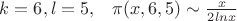 $k=6,\l=5,\;\;\;\pi(x,6,5)\sim\frac{x}{2lnx}$