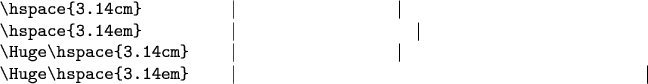$$\begin{tabular}{lll}
\verb!\hspace{3.14cm}! & \qquad & |\hspace{3.14cm}|\\
\verb!\hspace{3.14em}! & \qquad & |\hspace{10em}|\\
\verb!\Huge\hspace{3.14cm}! & \qquad & |{\Huge\hspace{3.14cm}}|\\
\verb!\Huge\hspace{3.14em}! & \qquad & |{\Huge\hspace{10em}}|\\
\end{tabular}$$