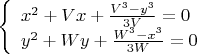 $\left\{
\begin{array}{lcl}
 x^2+Vx+\frac{V^3-y^3}{3V}=0   \\
 y^2+Wy+\frac{W^3-x^3}{3W}=0   
\end{array}
\right.$