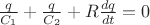 $\frac{q}{C_1} + \frac{q}{C_2} + R\frac{dq}{dt} = 0$