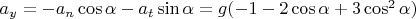 $a_y=-a_n\cos\alpha-a_t\sin\alpha=g(-1-2\cos\alpha+3\cos^2\alpha)$