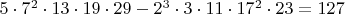 $5\cdot 7^2\cdot 13\cdot 19\cdot 29-2^3\cdot 3\cdot 11\cdot 17^2\cdot 23 = 127$