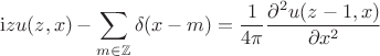 $$\mathrm{i}zu(z,x)-\sum\limits_{m\in\mathbb{Z}}\delta (x-m) = \frac{1}{4\pi}  \frac{\partial^2 u(z-1,x)}{\partial x^2}$$