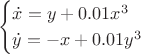 $$\begin{cases} \dot{x} =y + 0.01x^3\\
\dot{y} =-x+0.01y^3 \end{cases}$$