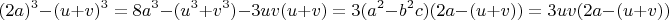 $$(2a)^3-(u+v)^3=8a^3 - (u^3+v^3) - 3uv(u+v) = 3(a^2-b^2c) (2a - (u+v)) = 3uv (2a - (u+v))$$