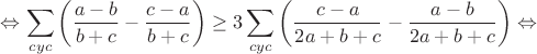 $$\Leftrightarrow\sum_{cyc}\left(\frac{a-b}{b+c}-\frac{c-a}{b+c}\right)\geq3\sum_{cyc}\left(\frac{c-a}{2a+b+c}-\frac{a-b}{2a+b+c}\right)\Leftrightarrow$$