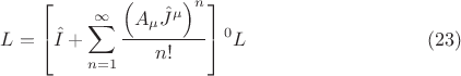 $$ L=\left [ \hat{I}+\sum \limits_{n=1}^{\infty} \frac{\left (  A_{\mu} \hat{J}^{\mu} \right )^n}{n!} \right ] {{}^0 L}  \eqno{(23)}$$
